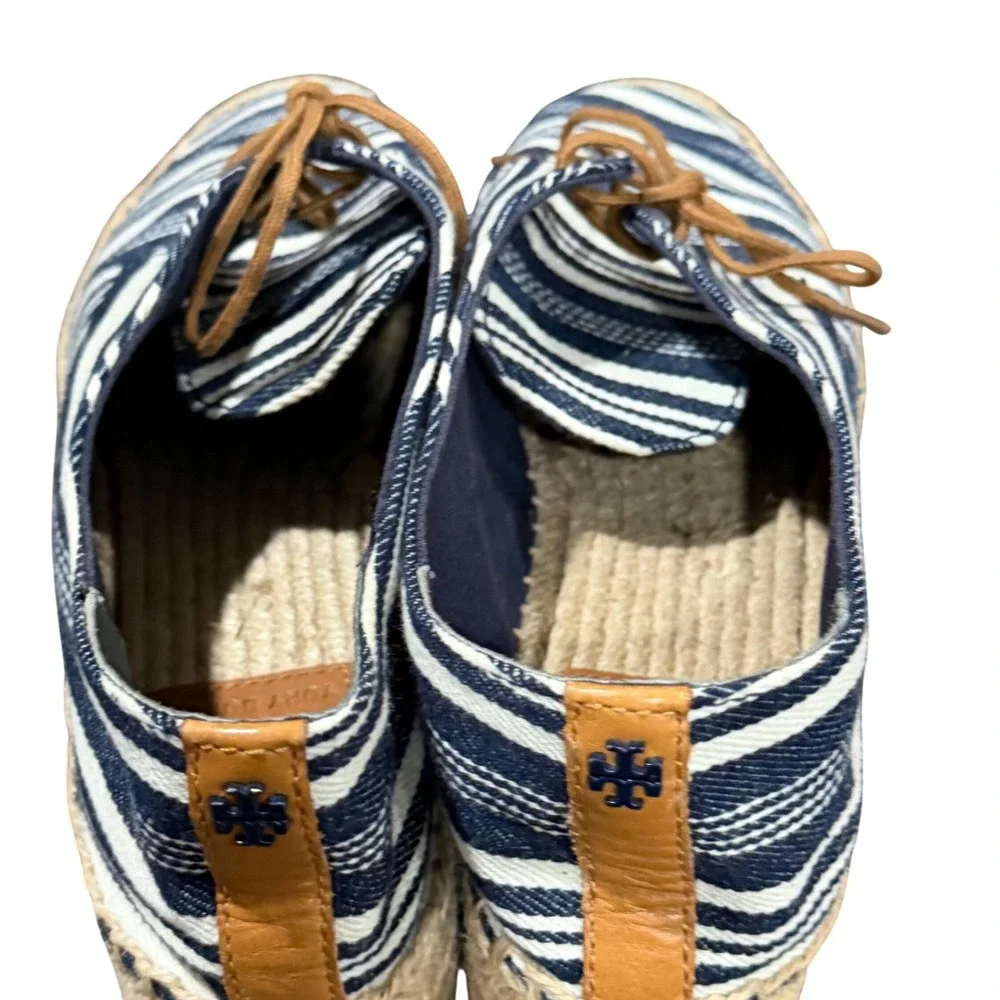 Tory Burch Florence Platform Espadrilles Women 9 Blue White Striped Canvas Shoes
